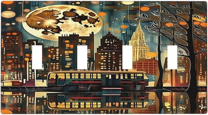 City Light Moon Bus Abstract Art Light Switch Covers Quad Toggle 4 Gang Wall Plate Decorative Switchplate Electrical Faceplate for Farmhouse Bathroom Living Decor