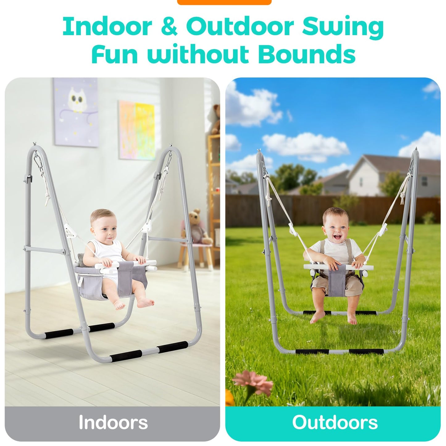 FUNLIO Baby Swing Set for Toddlers 6-36 Months, Foldable & Portable Swing for Indoor & Outdoor, Heavy Duty Metal Frame, Includes 2 Weight Bags & 4 Anti-Slip Pads, Easy to Assemble & Store – Gray