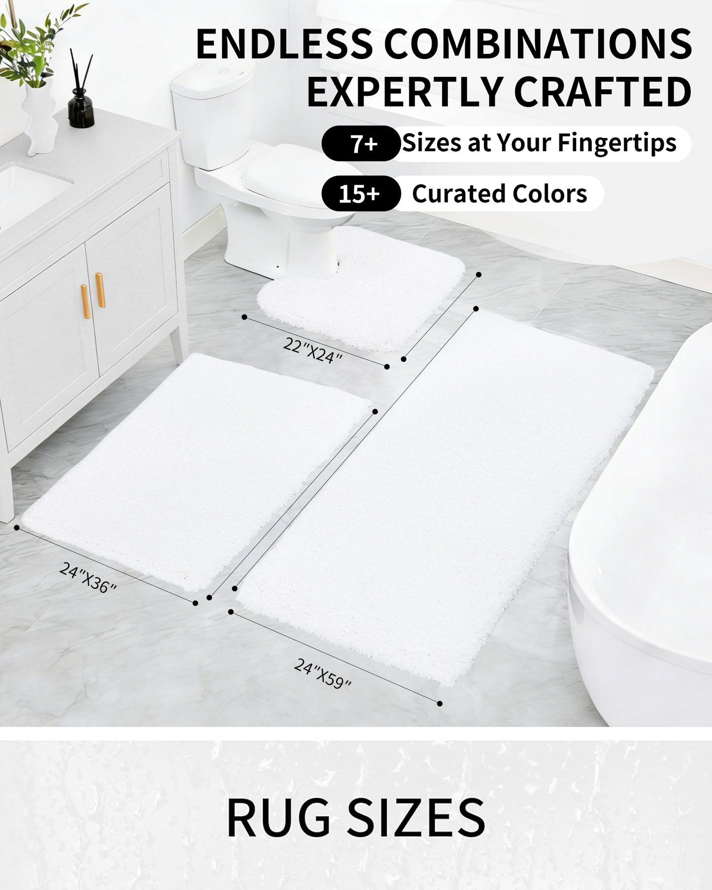 Ruggnovea Bathroom Rugs Non Slip Washable 36x24, Ultra Thick Soft Microfiber Absorbent Bath Mats, High Density Foam Latex Non Slip Backing Bath Rugs, Fluffy Floor Carpet for Tub&Shower, White