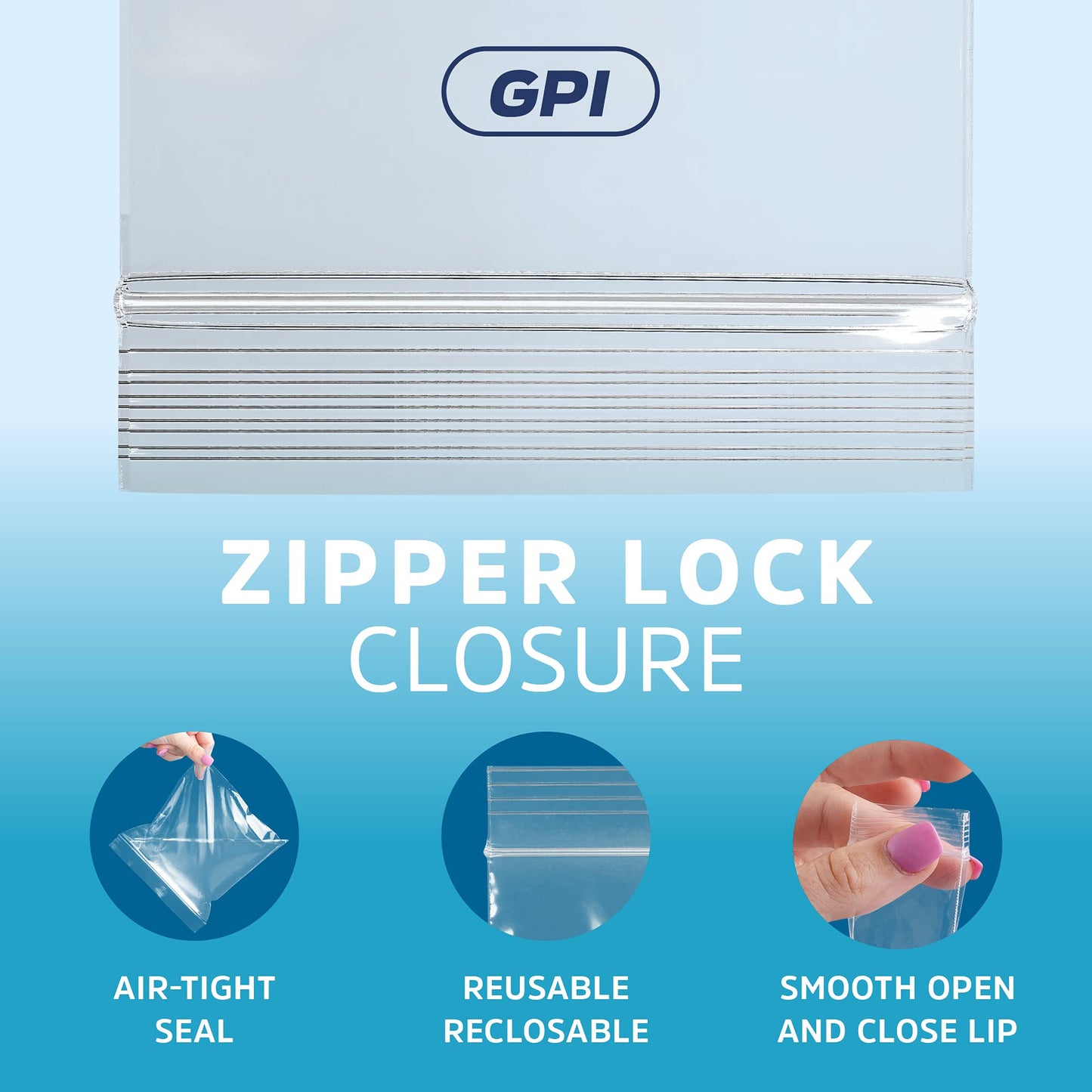 GPI - 2 Gallon Zip Bags, 13" x 15" Large Reclosable Lock Zip Bags, Clear Plastic Zipper Storage Bags with Zip Top Lock for Freezer, Clothing, Food, Documents & Supplies - 200 Count