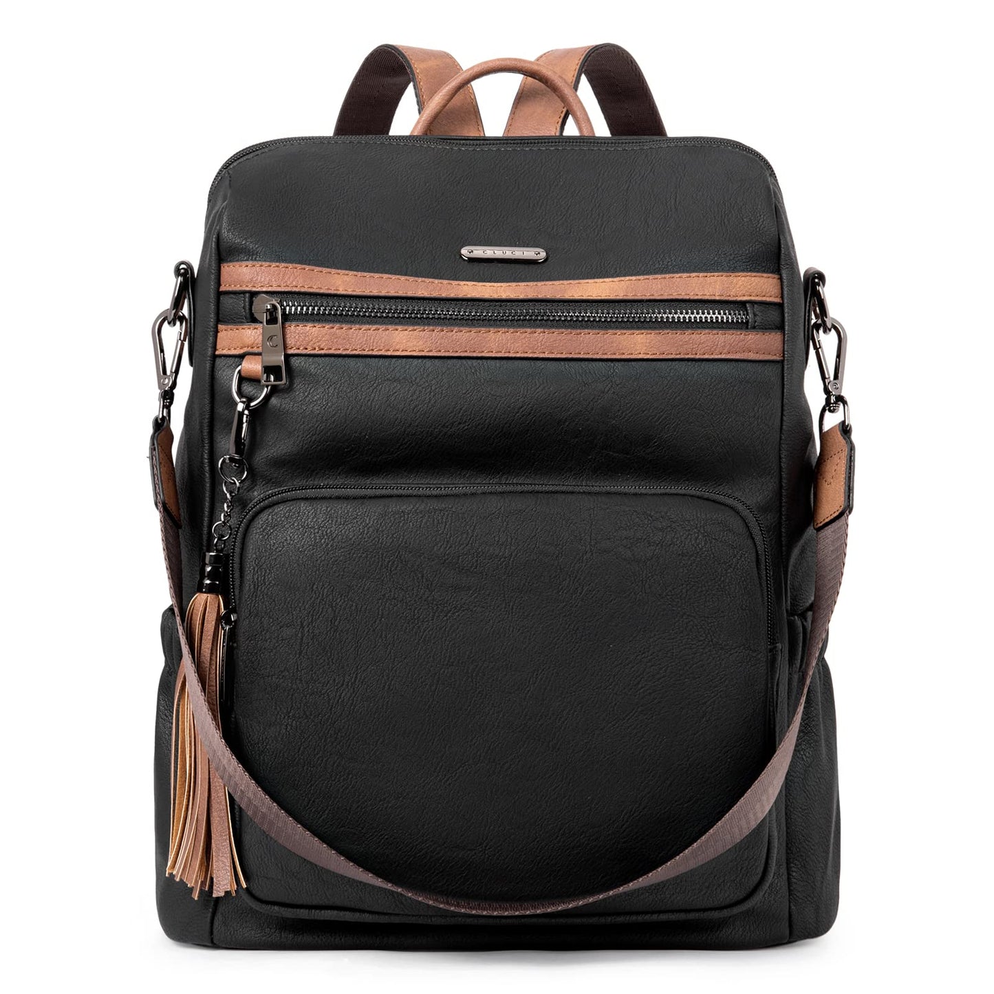 CLUCI Backpack Purse for Women Fashion Leather Designer Travel Large Ladies Shoulder Bags with Tassel Oil Wax Black