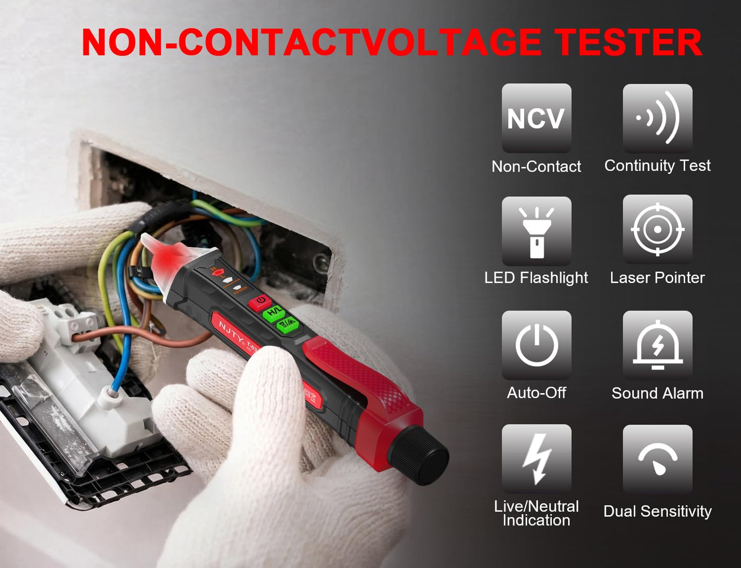 NJTY Non-Contact Voltage Tester with Laser Guide, 12V-1000V Dual Range Electrical Tester Pen, Professional AC Circuit Detector with LED Flashlight, Sound and Light Alarm (Batteries Included)