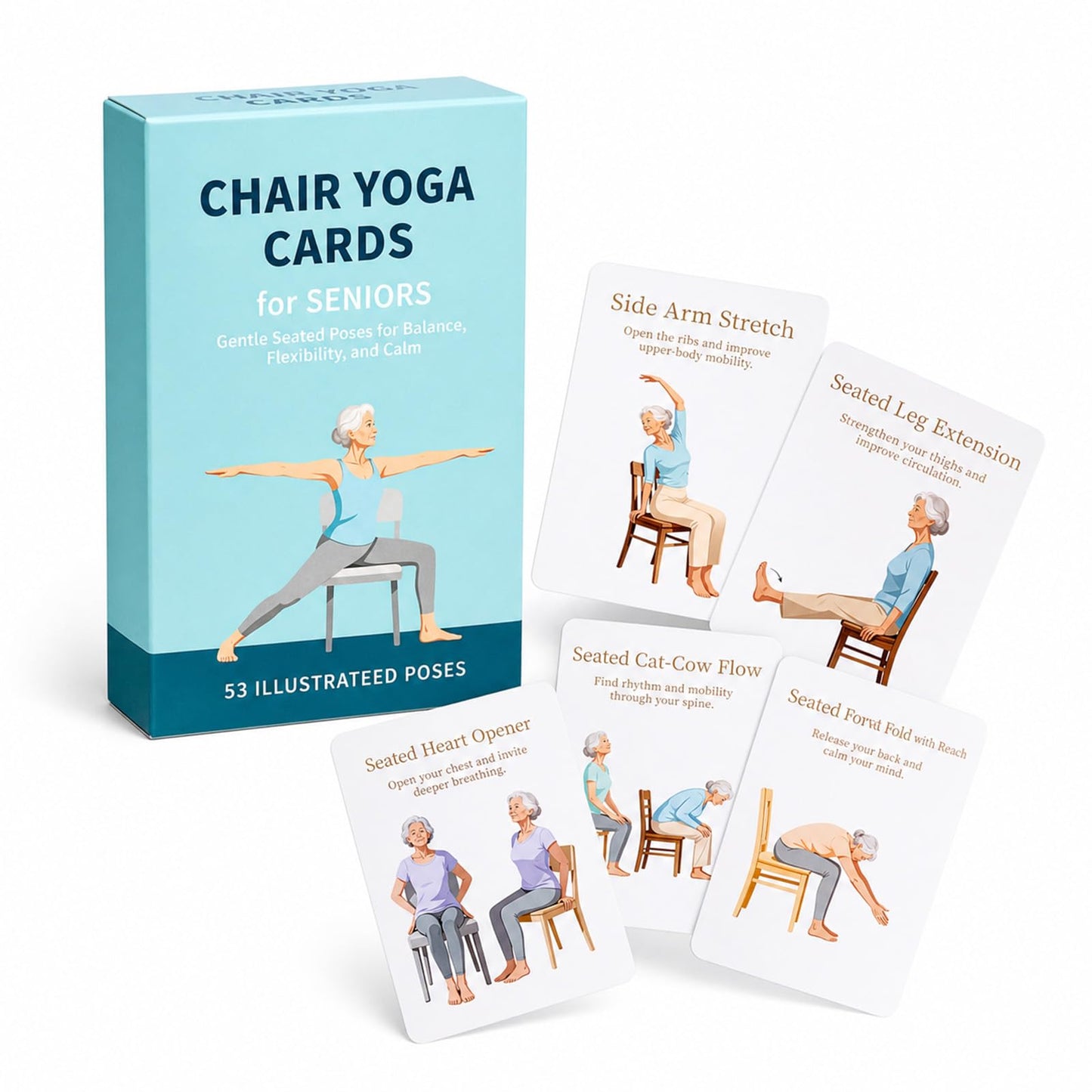 HuanRanYo Oversized Chair Yoga Cards for Seniors, 53 Seated Yoga & Stretch Poses, Large-Print Step-by-Step Exercise Deck with Storage Box, Low-Impact Mobility & Flexibility Workouts for Older Adults