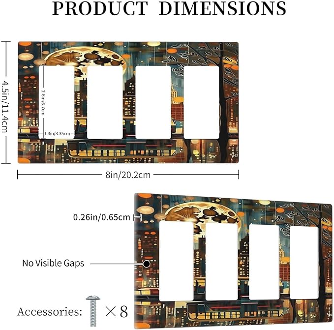 City Light Moon Bus Abstract Art Light Switch Cover 4 Gang Rocker Decora Outlet Covers Wall Plate Decorative Switchplate Electrical Faceplate GFCI for Farmhouse Living Bedroom Decor