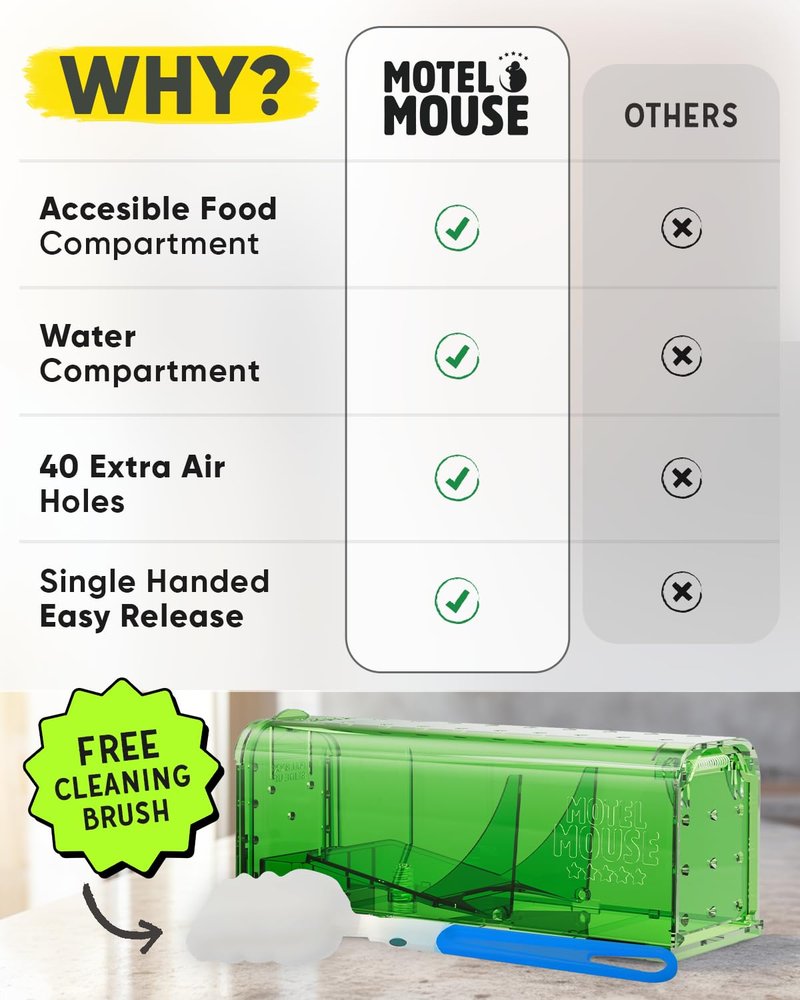 Motel Mouse Humane Mouse Traps No Kill Live Catch and Release 4 Pack - Reusable, Easy to Use & Clean, No Touch Release, Sensitive Includes Cleaning Brush, Instruction Manual & Video - Mousetrap Indoor