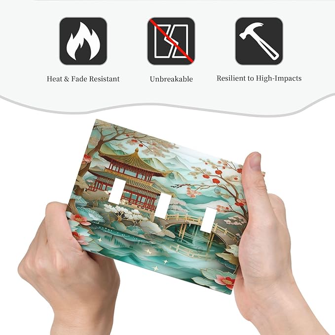 Asian Palace Traditional Bridge Cherry Blossoms Light Switch Covers 3 Gang Triple Toggle Wall Plate Decorative Switchplate Electrical Faceplate for Farmhouse Living Decor