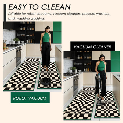 hicorfe Checkered Grid Checkerboard Kitchen Rugs,Set of 2 Non Slip Kitchen Mats for Floor,Washable Kitchen Runner Rugs Carpets for Hallways Entryway Laundry Room(20"x48"+21"x59",Black)