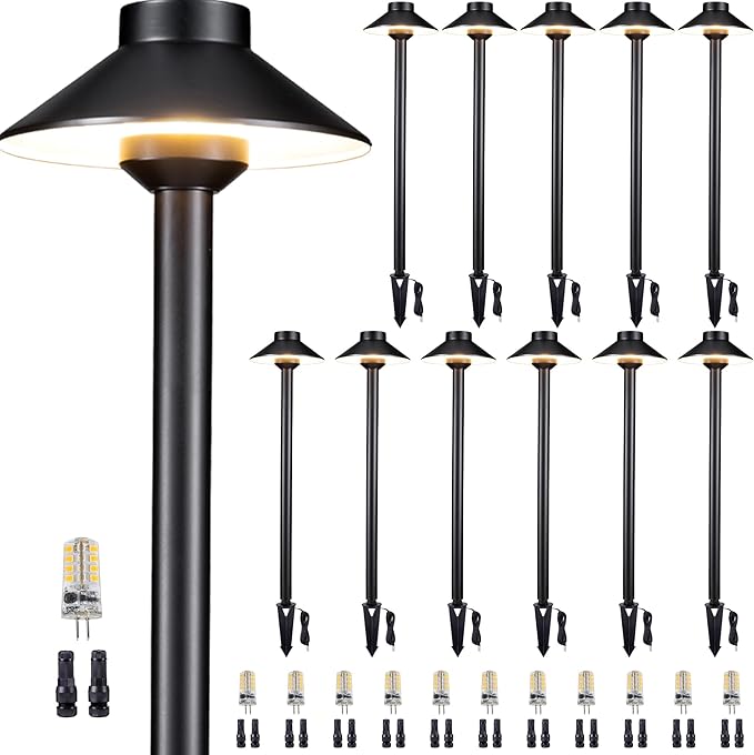 Gardenreet Low Voltage Landscape Lighting Brass, 12v Pathway Lights Waterproof, Hard Wired Path Light Outdoor, Black for Exterior Area Patio House with 3W 270LM 4000K Neutral White G4 Bulb (12 Pack)