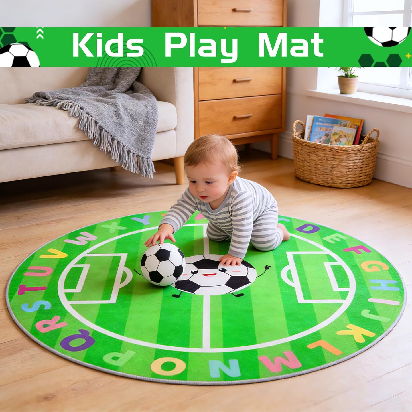 ZeffuLyne ABC Circle Rug, 4ft Playroom Rug with Soccer & ABC Alphabet, Soft Soccer Rugs for Kids, Non-Slip Circle Rugs for Baby, Toddlers, Boys Girls