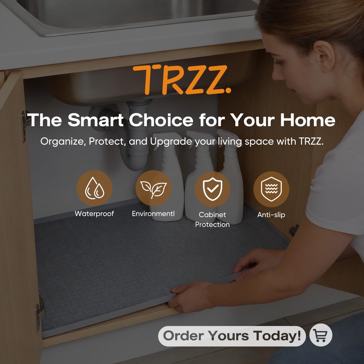 TRZZ Silicone Waterproof Under Sink Mat 34" x 22", Drip Tray and Cabinet Liner for Kitchen and Bathroom, Prevents Water Damage and Organizes Cabinets (Grey)
