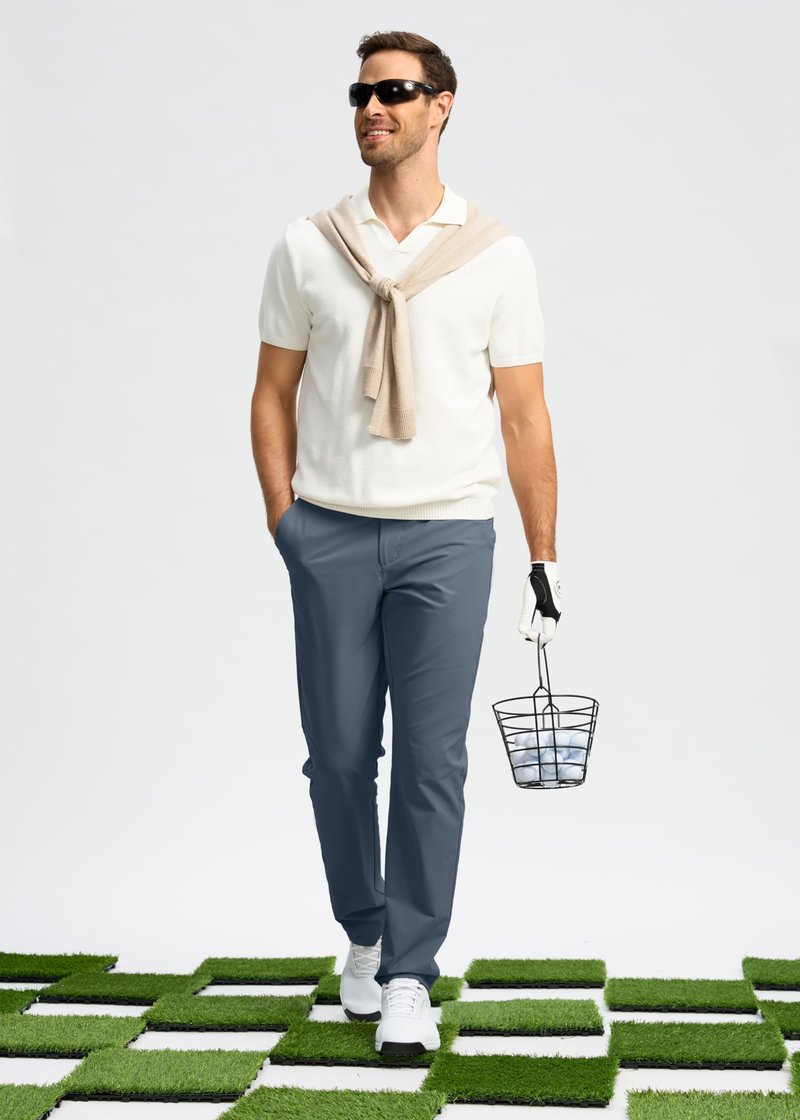 Pudolla Men's Golf Pants Work Dress Comfy Pants Casual Slacks Trousers with Pockets(Grey_Blue 32Wx30L)