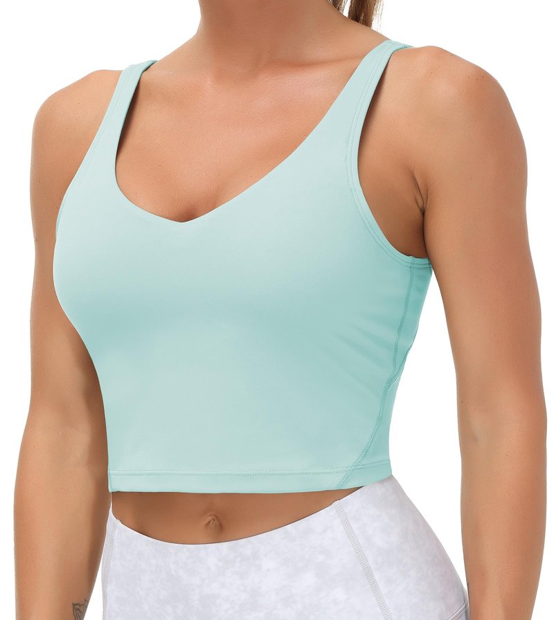 Women’s Longline Sports Bra Wirefree Padded Medium Support Yoga Bras Gym Running Workout Tank Tops Light Blue