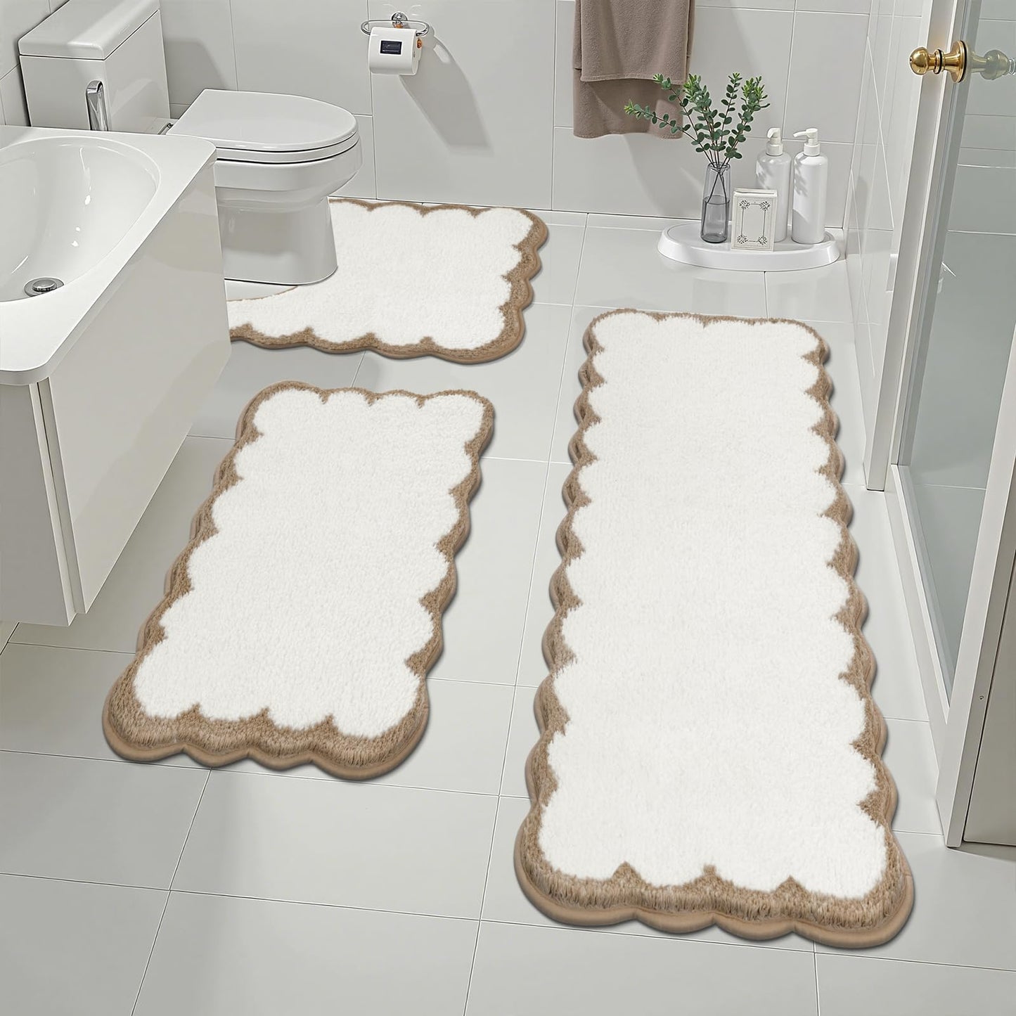 Pauwer Bathroom Rug Sets 3 Piece, Scalloped Bath Rugs, Beige and Khaki