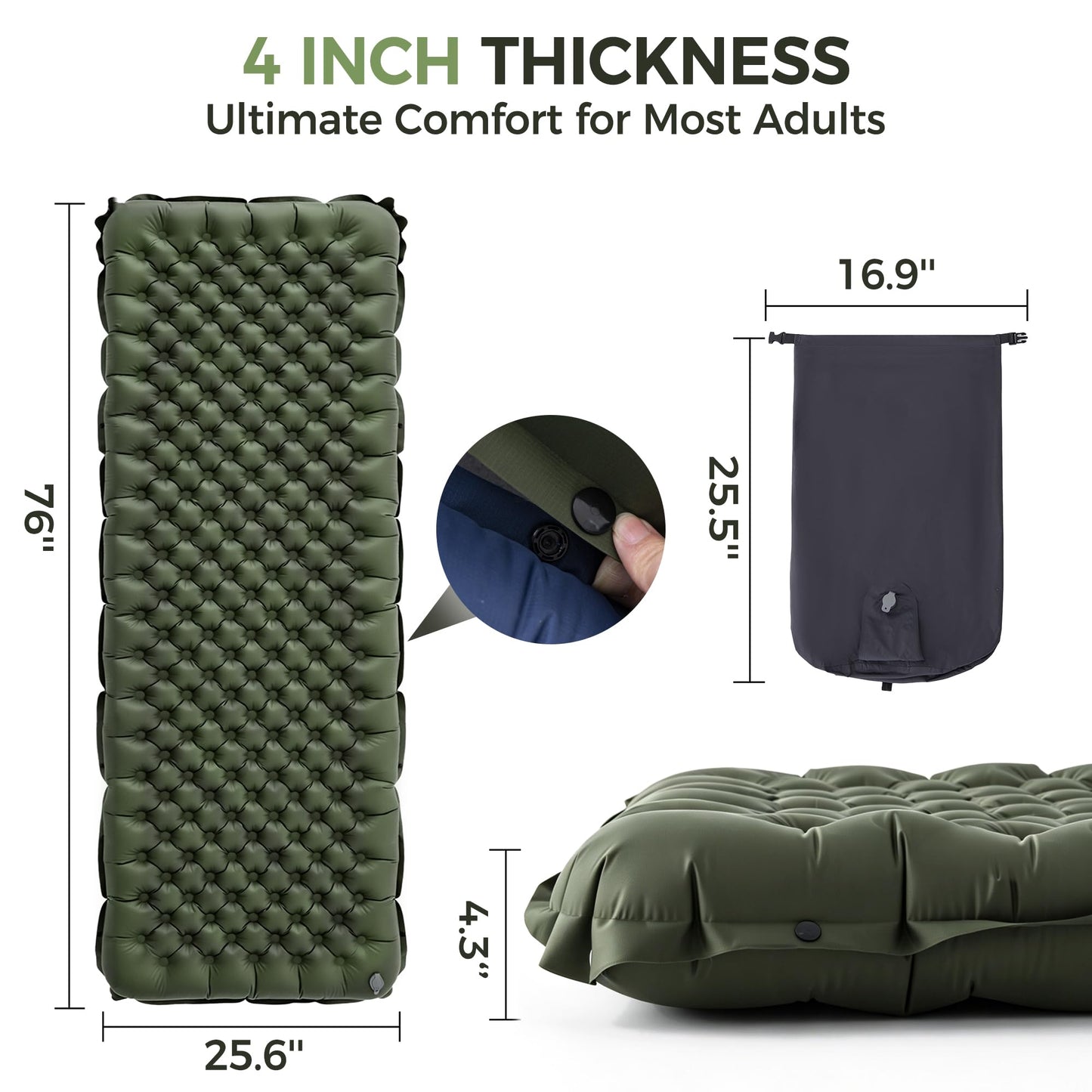 Asrug Camping Insulated Sleeping Pad with 9.0 R-Value for All Season Portable 4" Thick Camping Mattress Pad for Outdoor Hiking Tent Ultralight Backpacking Inflatable Sleeping Mat(Green)