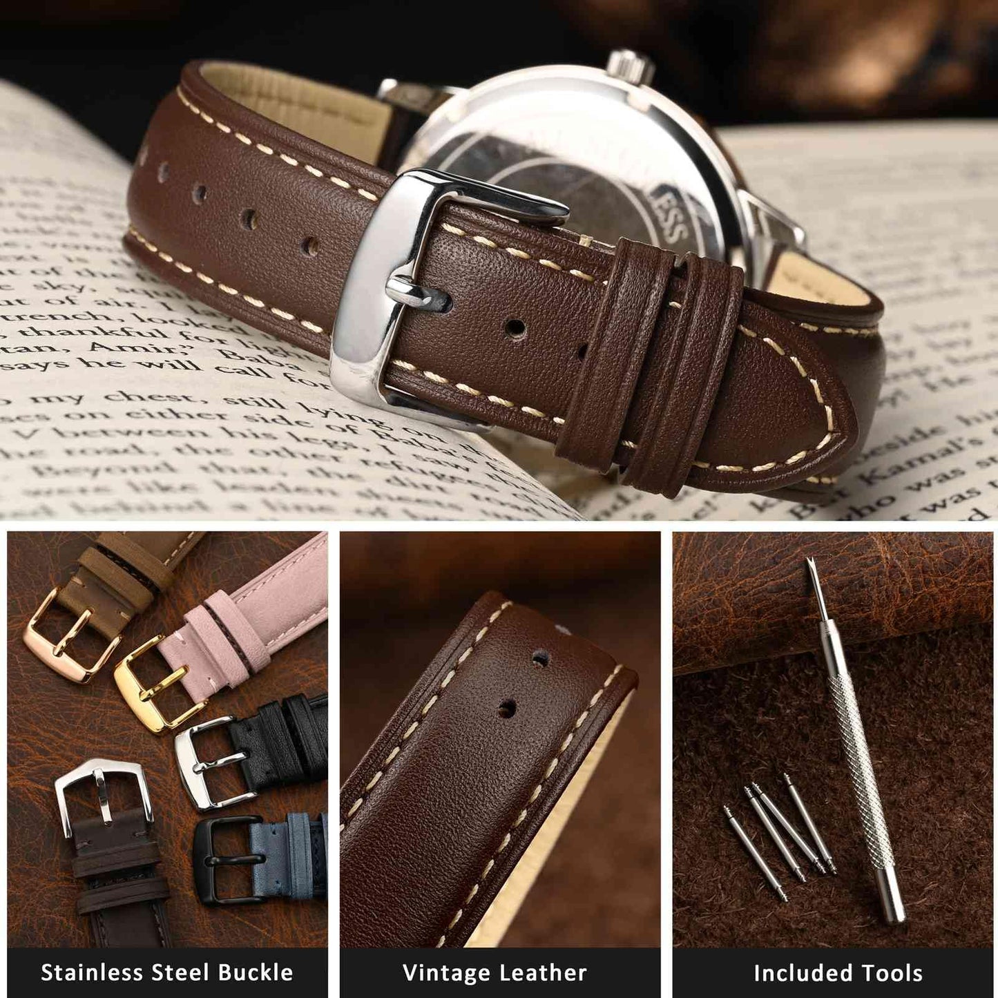WOCCI 19mm Vintage Leather Watch Band for Men and Women, Silver Buckle (Dark Brown/Contrasting Stitch)