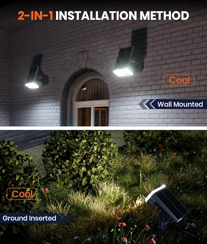 Solar Spot Lights Outdoor,Adjustable Warm&Cool,IP67 Waterproof,3 Color+3 Modes,2-in-1 Wall Lights Solar Powered Spotlights for Pathway/Garden/Yard/Patio/Driveway/Tree/Landscape Lighting Outside Decor