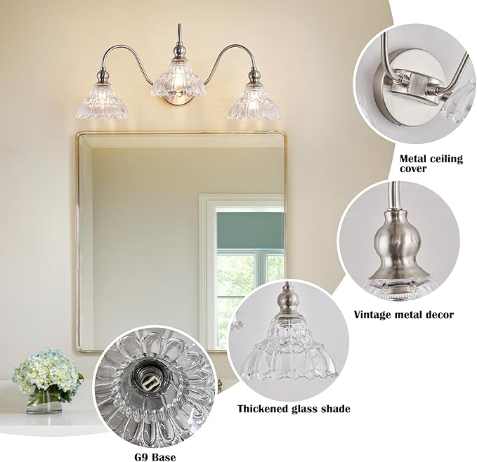 3-Light Brushed Nickel Bathroom Vanity Light Fixtures Vintage Bathroom Light Vanity Lighting Fixtures for Living Room Over Mirror
