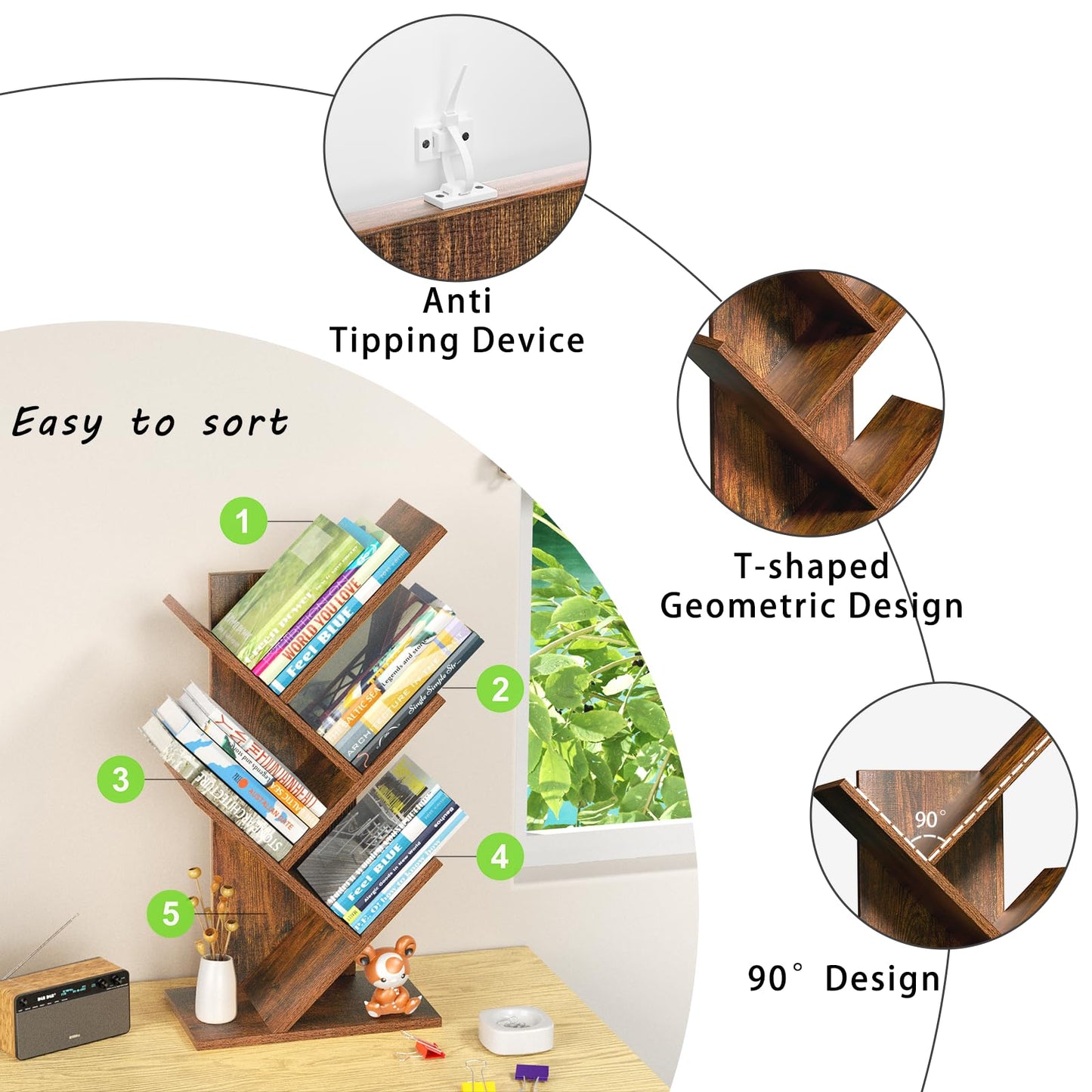 SHEEPAM 5 Tier Tree Book Shelf, Small Desktop Bookshelf with Storage Organizer, Wood Bookcase, Desk Display Bookshelves, Floor Standing Organizer Bookcases for Living Room,Bedroom,Office-Brown