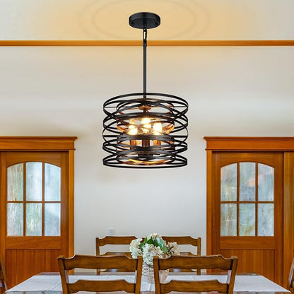 3-Light Farmhouse Black Chandelier for Dining Room Lighting Fixtures, 12.6'' Rustic Drum Ceiling Hanging Pendant Light for Foyer Entryway Kitchen Bedroom, Black with Wood-Grain Metal Interior