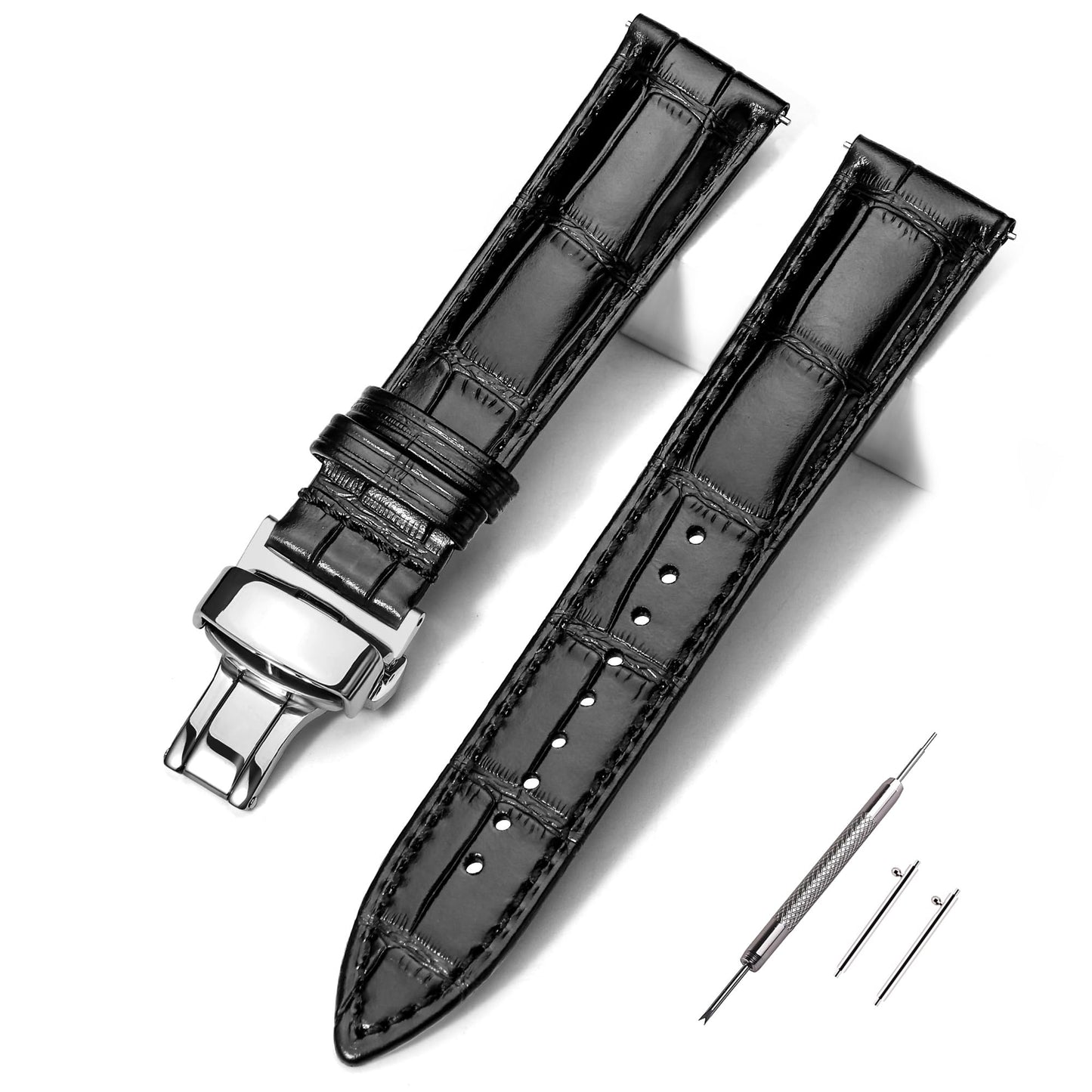 EACHE 20mm Watch Band Quick Release Leather Watch Bands for Men Black Alligator Grain Pattern Leather Watch Straps with Silver Butterfly Deployment Clasp