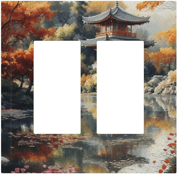 Decorative Art Light Switch Covers Lake & Pagoda in Fall 2 Gang Dual Rocker Outlet Switch plate Faceplate GFCI for Home Decor