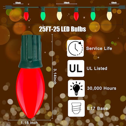 Red Green White LED Christmas Lights,25FT Waterproof C9 Multicolor Christmas Lights Outdoor with 26 Shatterproof Bulbs,Commercial Hanging Xmas Light for Roof Patio Balcony Party Xmas Decor