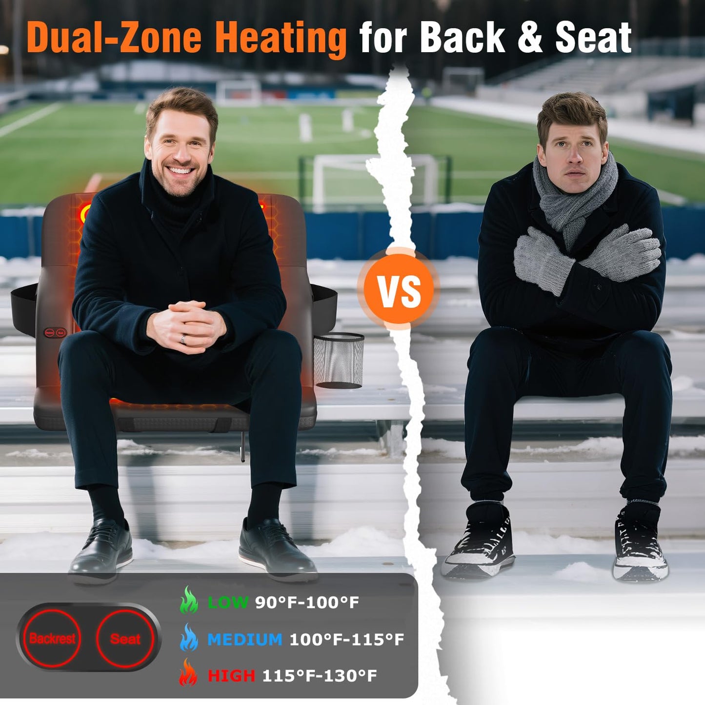 Suteck 2 pcs Dual-Sided Heated Stadium Seats for Bleachers with Back Support, 25" Portable Heated Bleacher Seat with Backrest, 3 Heat Levels, 5 Pockets – Ideal for Outdoor Stadiums and Events - Black