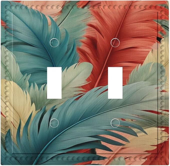 Colorful Feathers Blue Red Light Switch Covers Double Toggle 2 Gang Wall Plate Dual Decorative Switchplate Electrical Faceplate for Farmhouse Decor