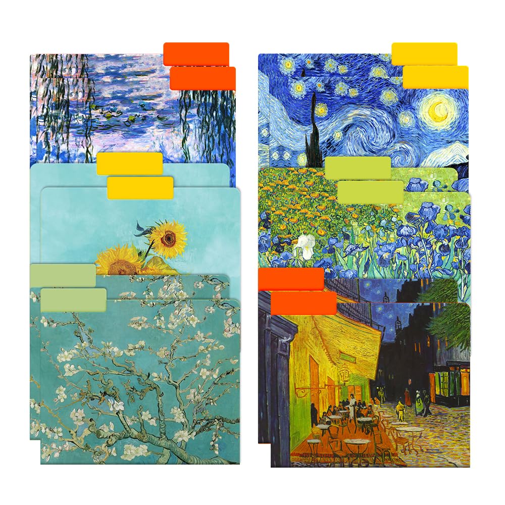 WIRESTER 12 Pack Decorative File Folders (9.5 x 11.5 Inch), Letter Size Holders for Office Supplies with 1/3 Cut Tab, 6 Fashion Designs - Famous Painting Van Gogh
