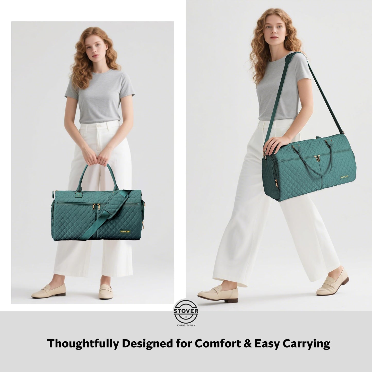 STOVER Women’s Convertible Garment Duffel Bag for Travel – 2-in-1 Carry-On Weekender/Overnight Tote - Wrinkle-Free Dresses, Suits & Clothes + Shoe Compartment & Bonus Toiletry Bag (Emerald Green)