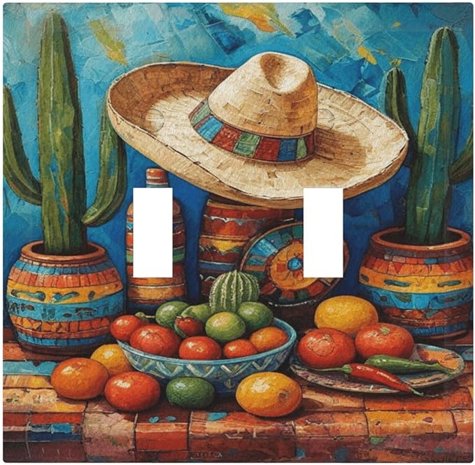 Decorative Art Light Switch Covers Mexican Sombrero & Serape Vibes 2 Gang Double Toggle Wall Plate Decorative Switchcover Electrical Switchplate for Home Decor