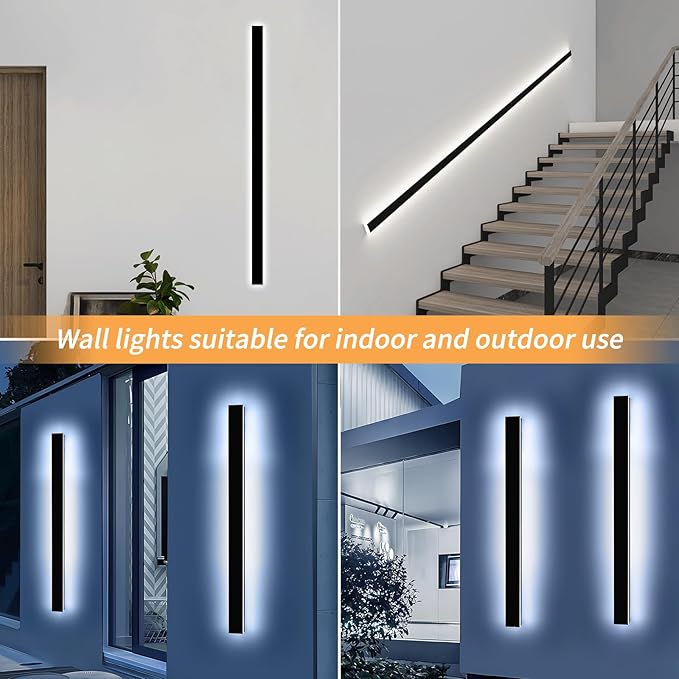 Mikeru 57" 2Pack Outdoor Wall Sconce 6000K Cool White - IP65 Waterproof Black Exterior Light, Hardwired Wall Mounted Fixture for Porch, Patio & Entryway | Non-Dimmable Weatherproof Design