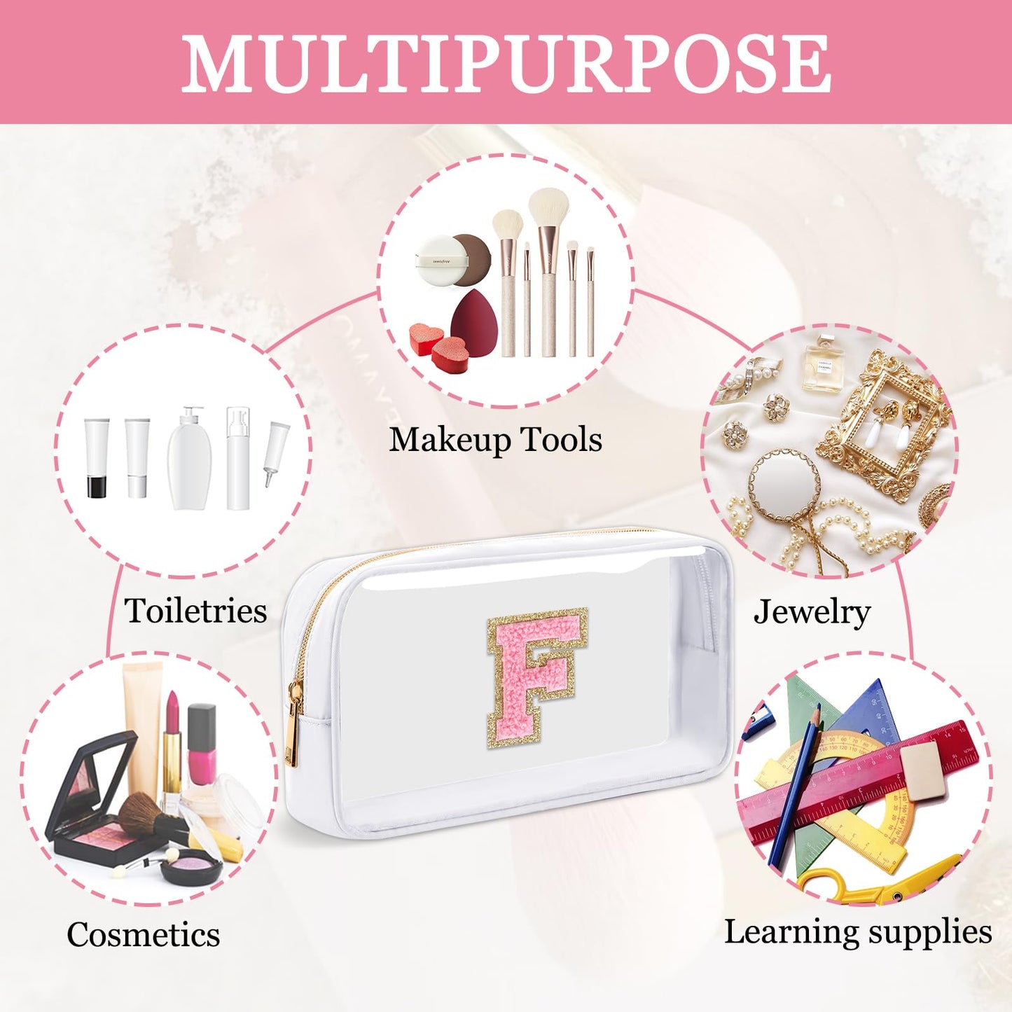 Small Clear Personalized Initial Makeup Bag,Nylon Preppy A-Z Chenille Letter Patch Cosmetic Pouch Beach Toiletry Bag,Waterproof Zipper Travel Purse Storage Bag Organizer for Women Girls(White-Pink F)