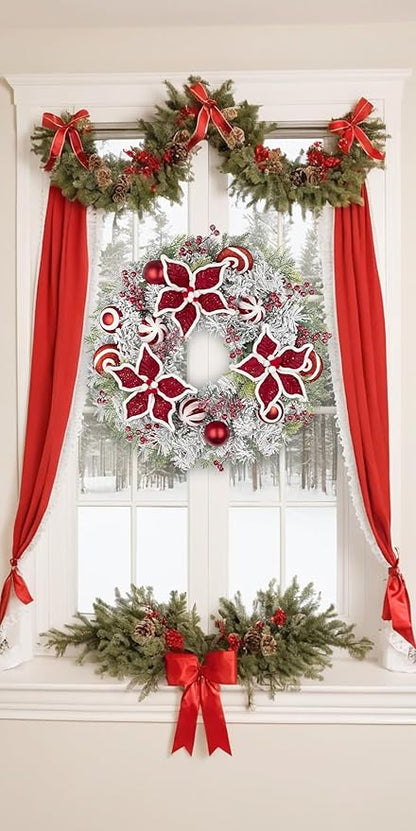 24 inch Christmas Door Wreath, Poinsettia Wreaths for Front Door with Candy Cane Red and White Ball Berries for Fireplace Xmas Decorations, Wall Window Indoor Outdoor Decor