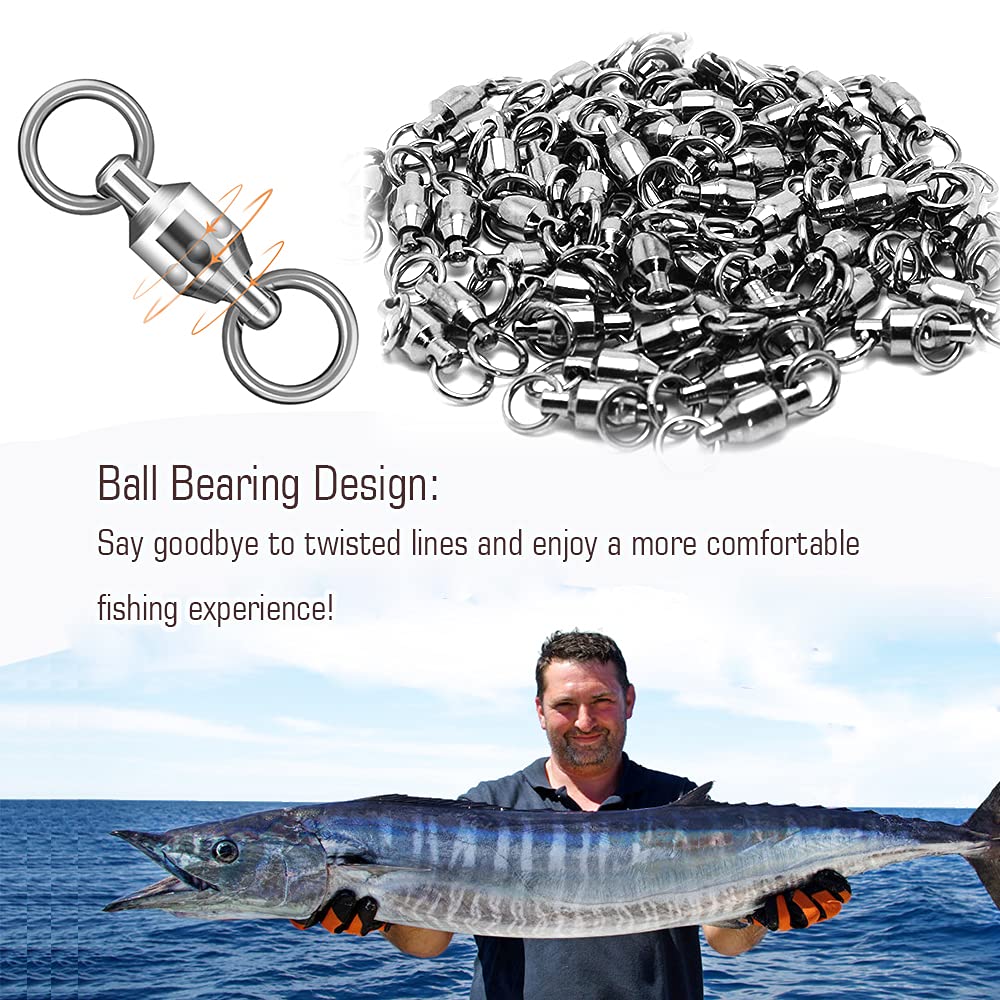 AMYSPORTS Barrel Ball Bearing Swivel Saltwater Rolling Fishing Swivels Stainless Steel High Strength Connector Bearings Solid Welded Rings Black Nickel 25pcs 44lbs
