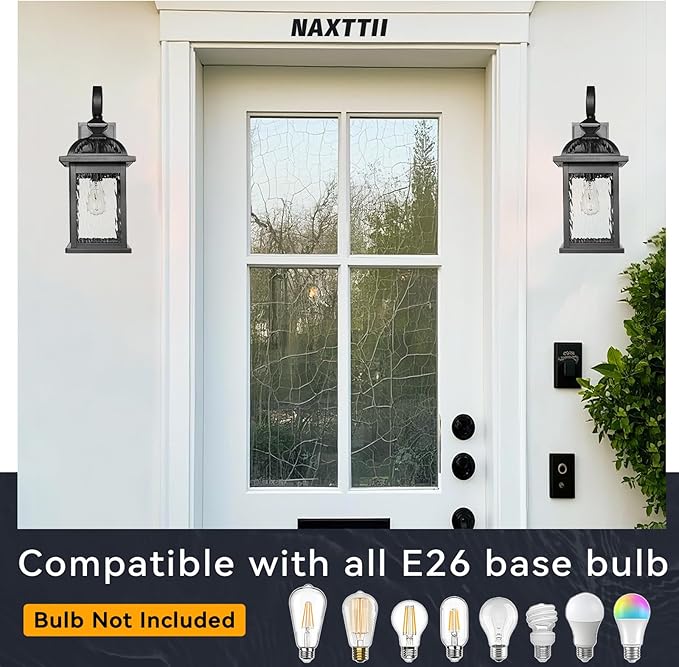 Outdoor Porch Lights Wall Mount Matte Black Outdoor Wall Lamps with Water Ripple Glass 15 Inch Large Aluminum Exterior Lighting Fixtures for Garage Front Door E26 Socket