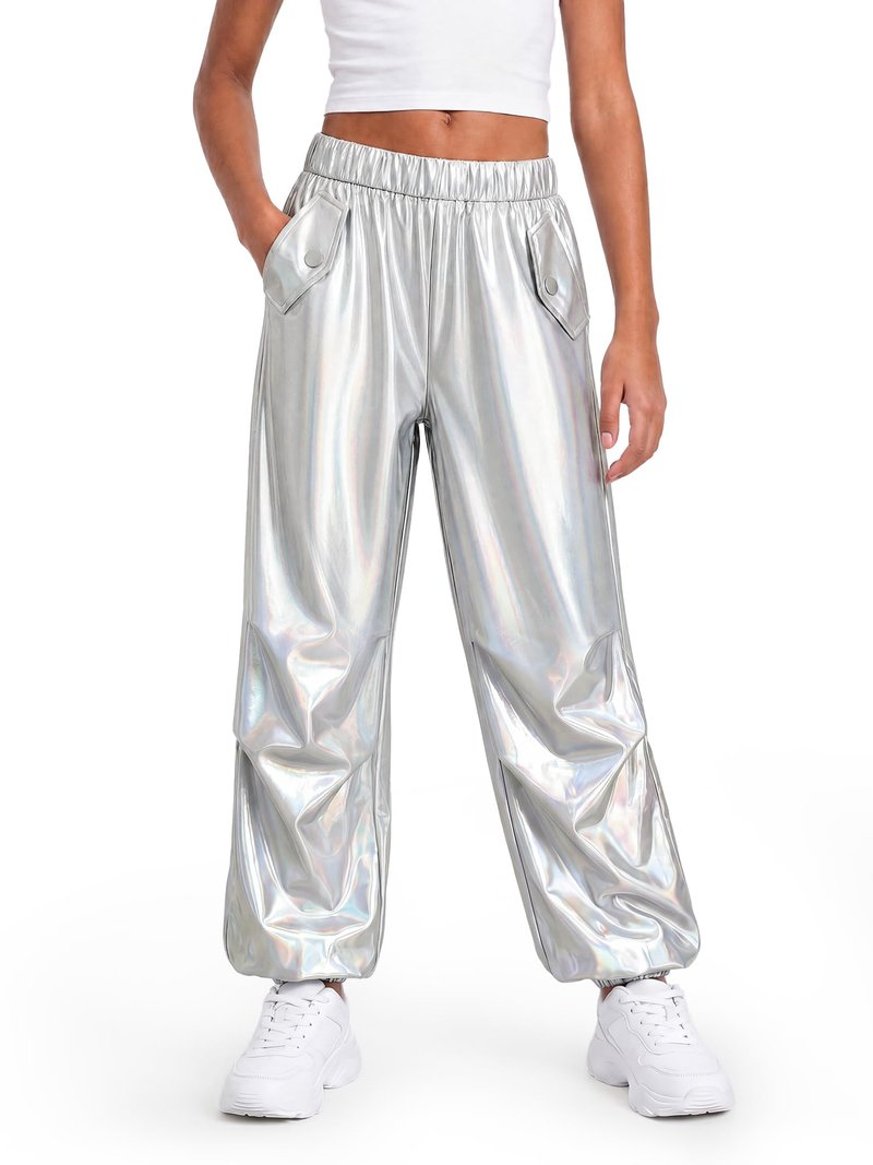 Stelle Girls Metallic Cargo Pants Shiny Hip Hop Dance Joggers Sparkly Stretchy Wide Leg Street Pants for Kids,Holograph Silver,8-9 Years