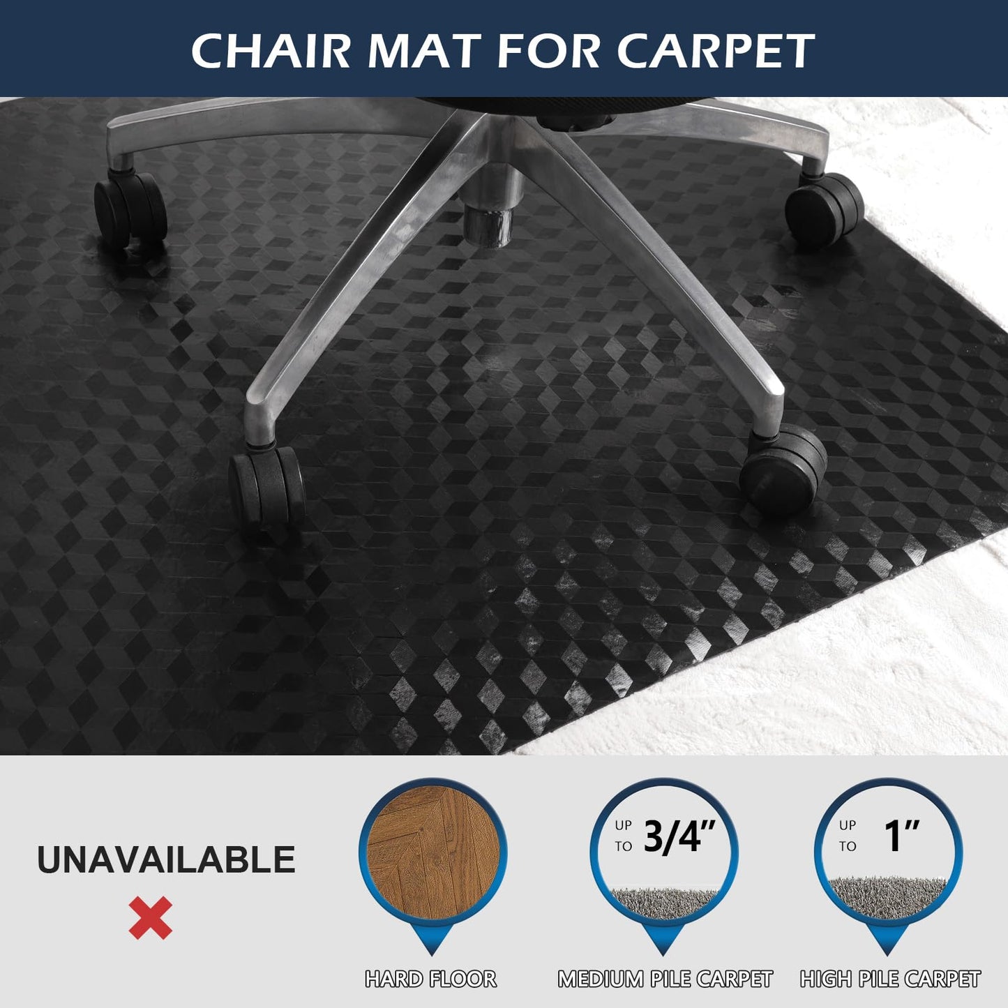 Chair Mat for Carpet, SALLOUS 46" x 60" Office Chair Mat for Carpeted Floors, Heavy Duty Vinyl Floor Mat with Grips, Carpeted Floor Protector Computer Desk Mat for Home Office (Black - 3D Geometric)
