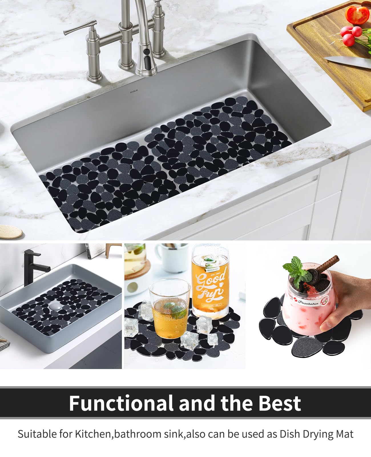 Bligli Pebble Sink Mat for Stainless Steel/Ceramic Sinks, 2 Pack PVC Sink Protectors Mats for Bottom of Kitchen Sink, Dish Drying Mat for Dishes and Glassware, 15.7 x 11.8 inch, Black