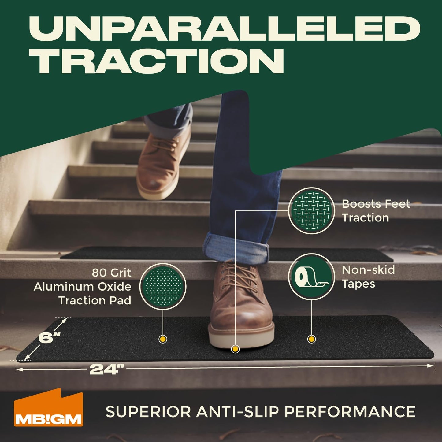 MBIGM 8-Pack 24" X 6" Pre-Cut Stair Treads 80 Grit Non-Slip Outdoor Tape Black Heavy Duty Anti Slip Traction Adhesive Strips