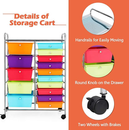 GOFLAME 15-Drawer Rolling Storage Cart, Craft Storage Cart with Removable Drawers & Lockable Wheels, Art Cart Supply Storage Organizer for Home Office Classroom, Multicolor