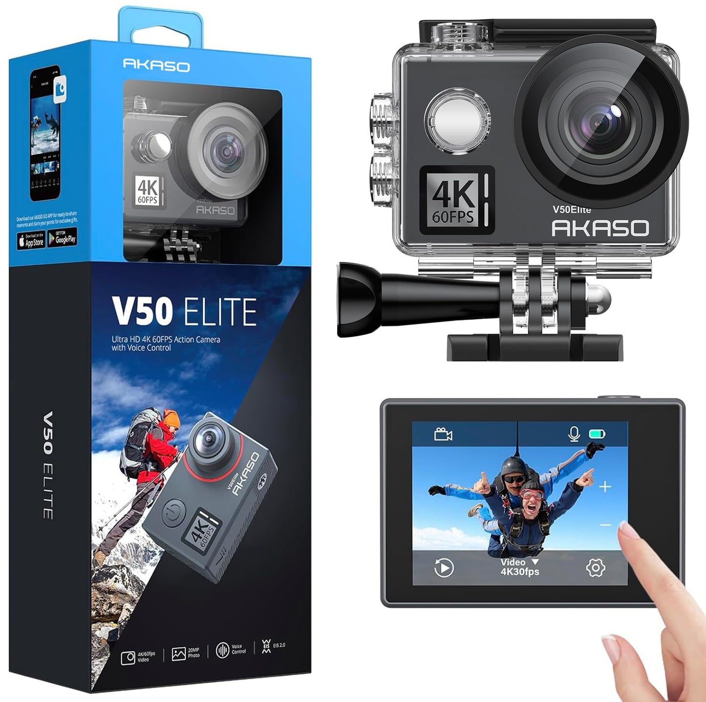 AKASO V50 Elite 4K60fps Touch Screen WiFi Action Camera Voice Control EIS 131 feet Waterproof Camera 8X Zoom Remote Control