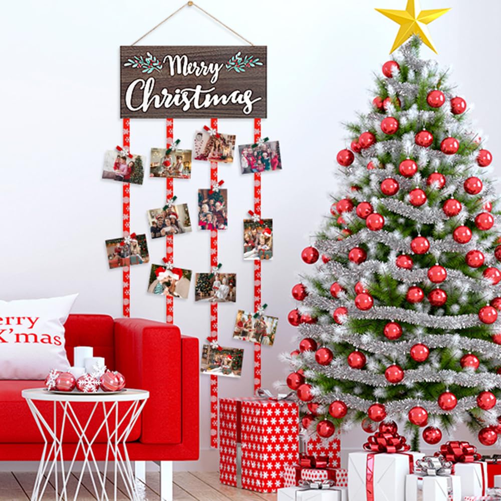 AKEROCK Christmas Card Holder Display, Christmas Wall Decor, Wooden Christmas Picture Frame with 30 Clips for Hanging Photos, Christmas Cards & Postcards, Xmas Holiday Wall Door Home Decor & Gift Idea