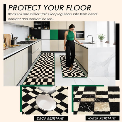 hicorfe Checkered Grid Checkerboard Kitchen Rugs,Set of 2 Non Slip Kitchen Mats for Floor,Washable Kitchen Runner Rugs Carpets for Hallways Entryway Laundry Room(20"x48"+21"x59",Black)