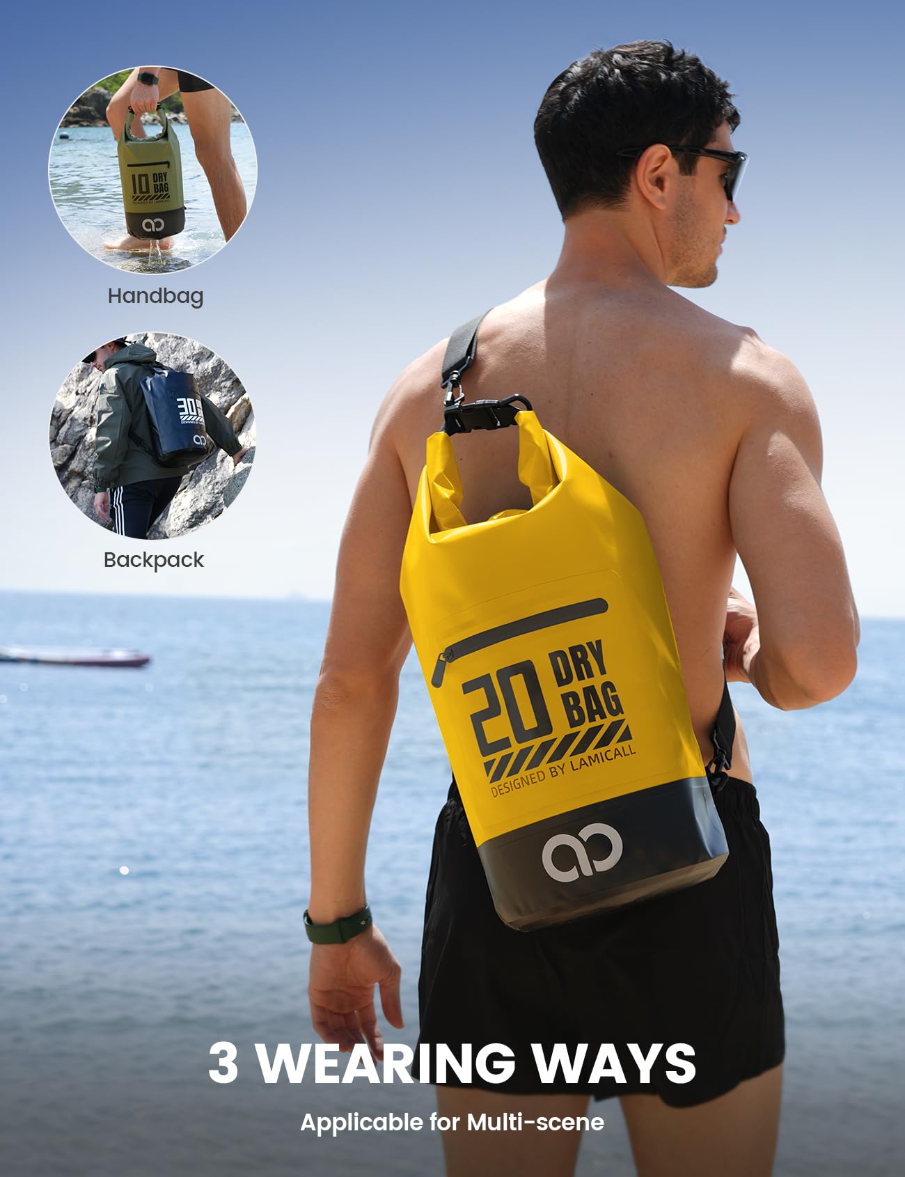 Lamicall Waterproof Dry Bag with Phone Pouch - 5L/10L/20L/30L/40L Floating Roll Top Backpack for Kayaking Boating Beach Camping Fishing - Heavy Duty 500D PVC Marine Dry Sack for Men,Women, Yellow 5L