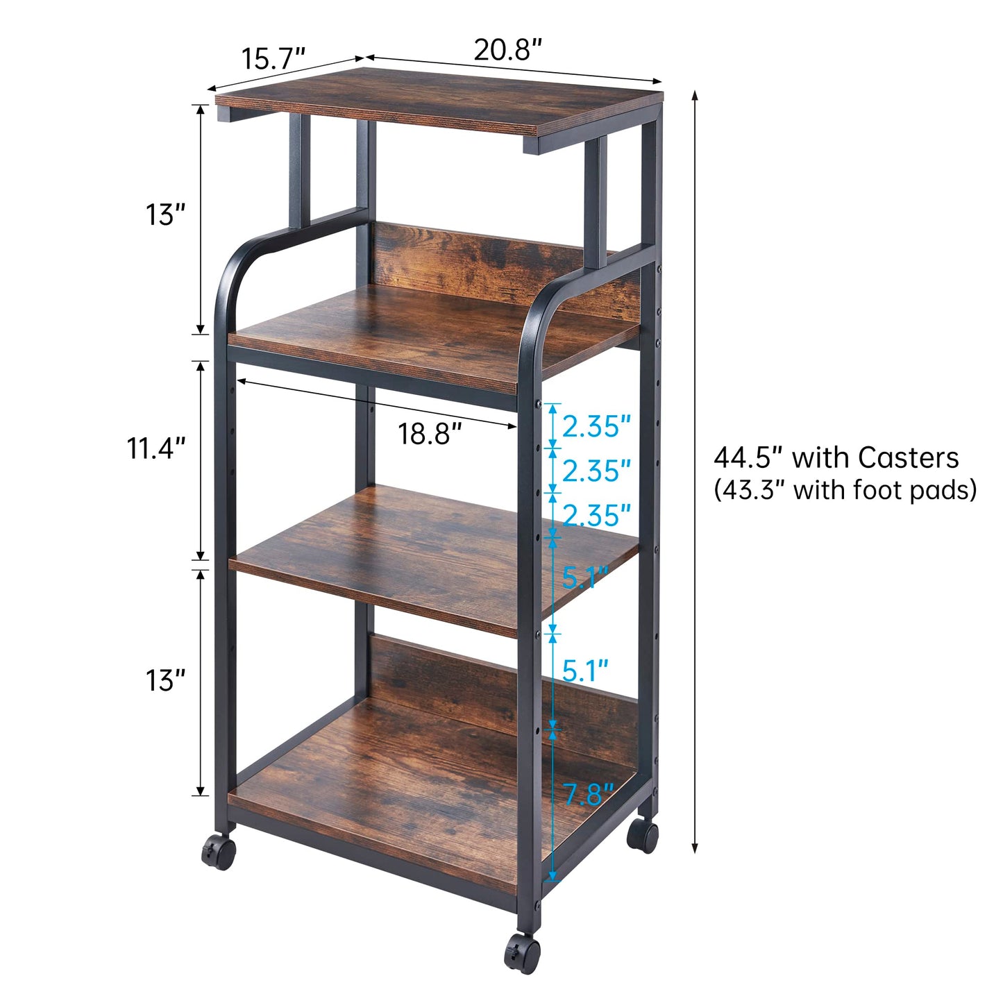 Fannova 4-Tier Printer Stand with Adjustable Storage Shelf, Large Tall Printer Table with Wheels for Home Office Small Spaces Organization, Rustic Brown
