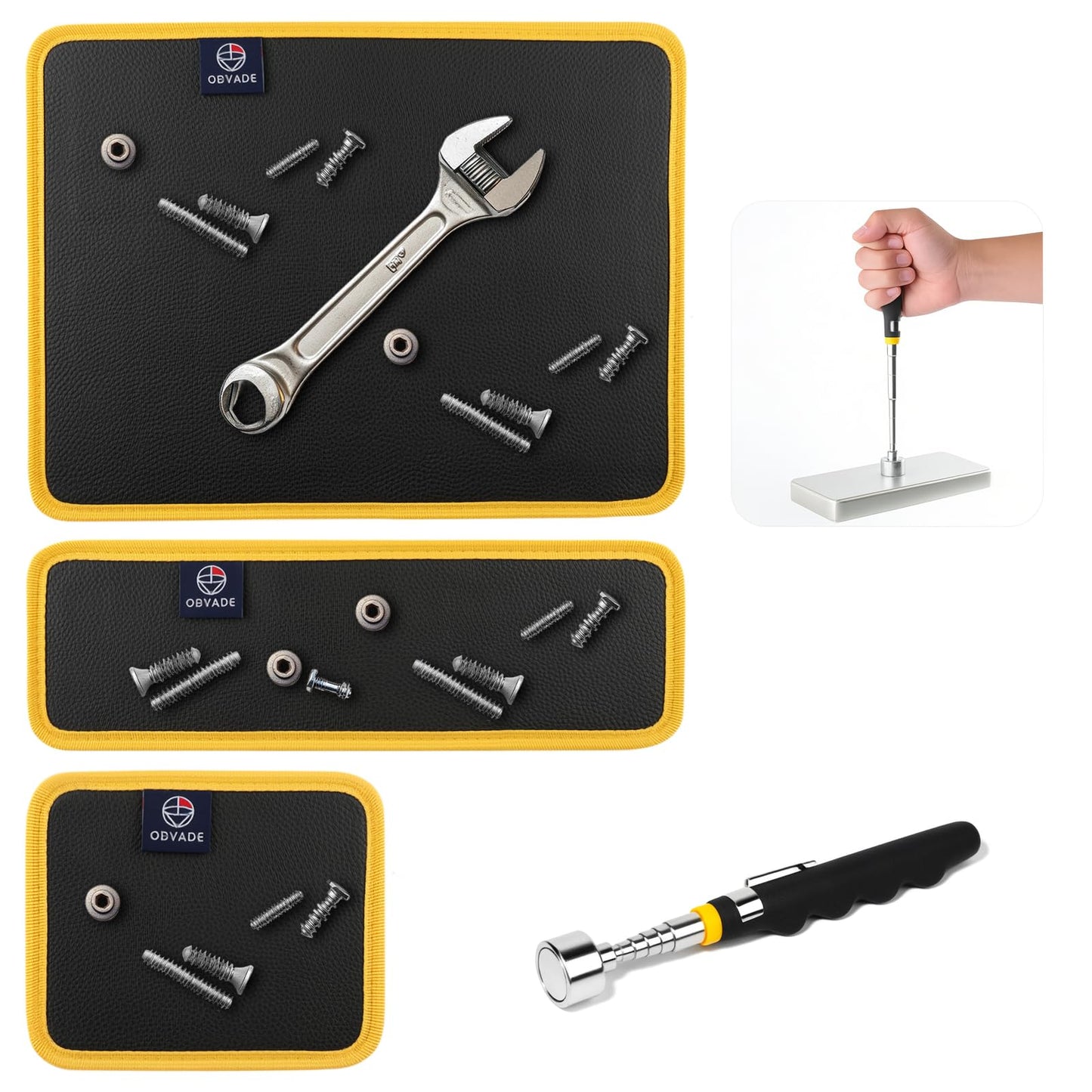 Magnetic Tool Mat Set, 4 Pack Tool Mat Set with Telescoping Pickup Tool | 40LB Strong Magnetic Mat for Tools | Screws & Parts Garage Workshop Organizer for Mechanics & DIY(Yellow)