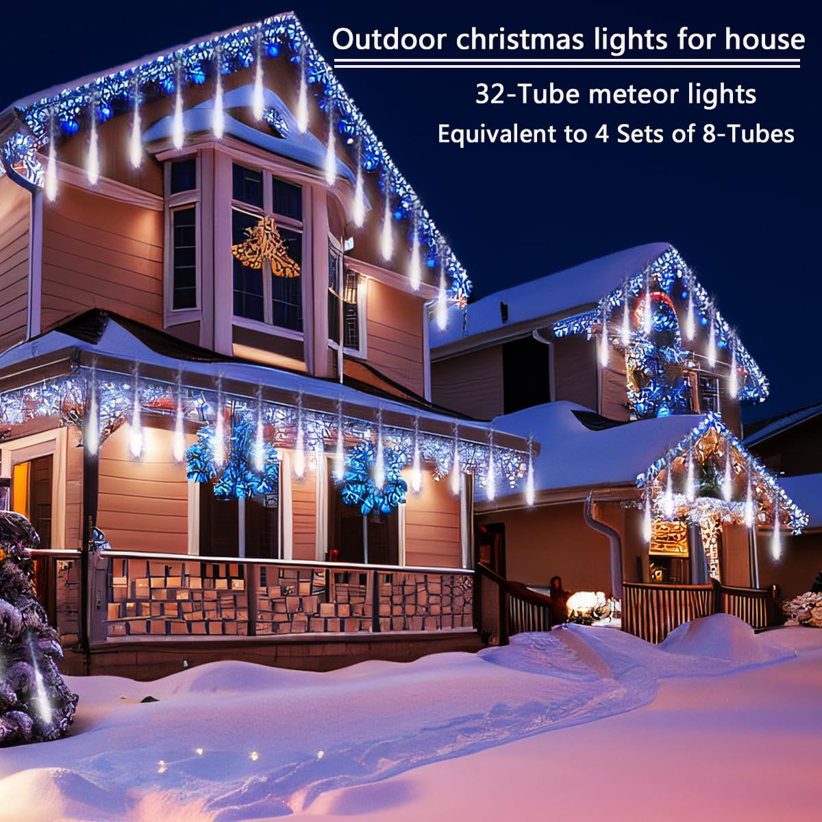 Christmas Decoration Outdoors- 32 Tubes (Equivalent to 4 Sets of 8-Tubes) Meteor Shower Rain Lights, White Falling Rain Lights for Christmas Decor Xmas Tree Halloween Yard Wedding Party, UL Plug