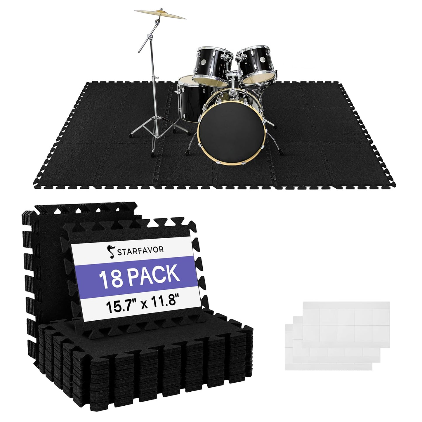 Starfavor Sound Absorbing Interlocking Floor Mats Pads 18 Pcs - Fits 4 * 6ft Drum Mats, 15.7" x 11.8" Anti-Vibration Sound Proof Puzzle Felt Padding - Protect Hardwood Floor