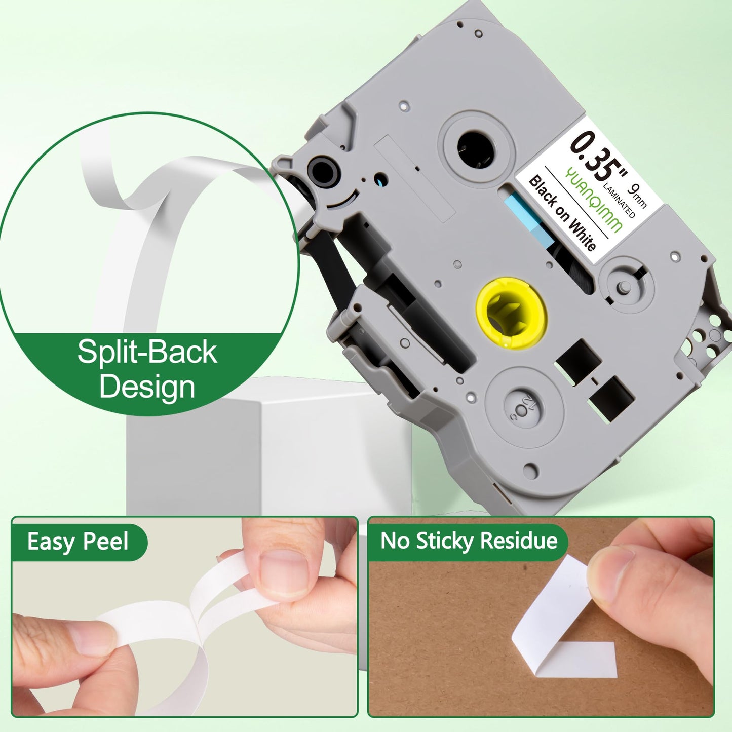 YUANQIMM 9mm 0.35 Laminated White Tape Compatible with Brother P Touch Label Maker Tape 9mm 3/8 Laminated White TZe-221 TZe221 TZ221 TZ-221 for PT-D210 D220 D400 D600 P710 PTH110 Printers, 6-Pack